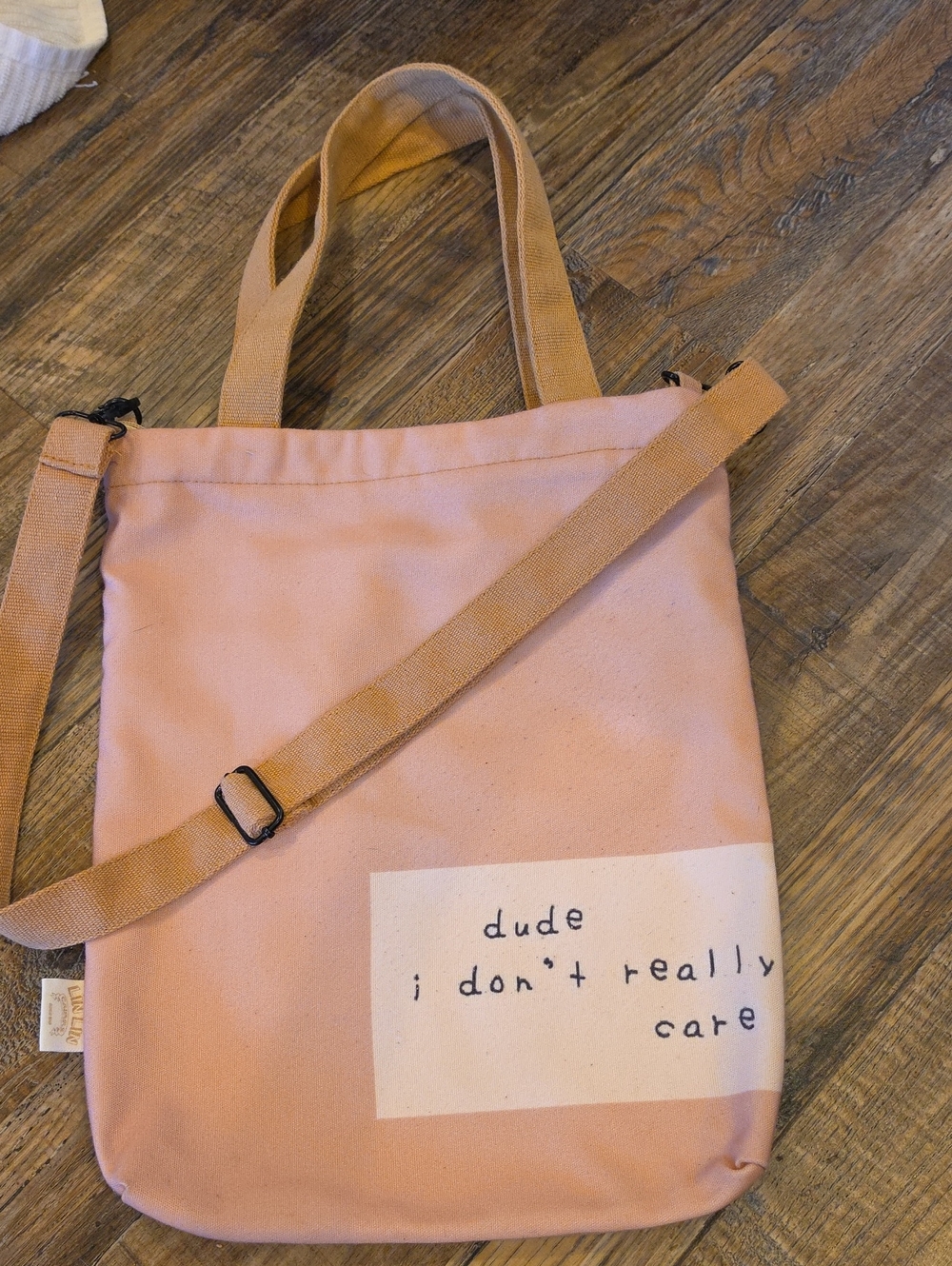 Pink Canvas Snarky Tote Bag with Attitude - DUDE, I DON'T REALLY CARE, 12x15 In.